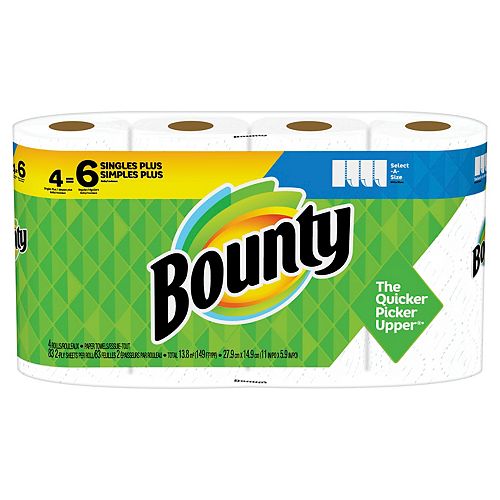 Bounty Select White A-Size Paper Towels 4 Single Plus Rolls = 6 Regular Rolls