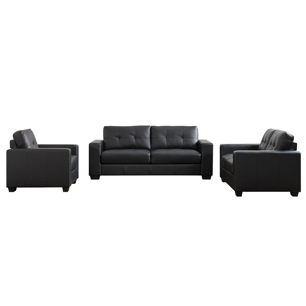 Corliving Ensemble de sofas Club capitonné en cuir reconstitué noir, 3