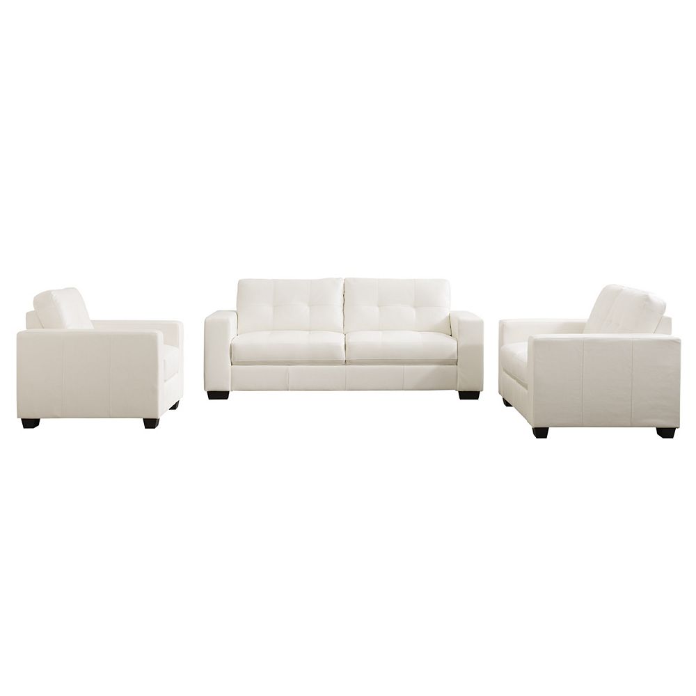 Corliving Club 3Piece Tufted White Bonded Leather Sofa