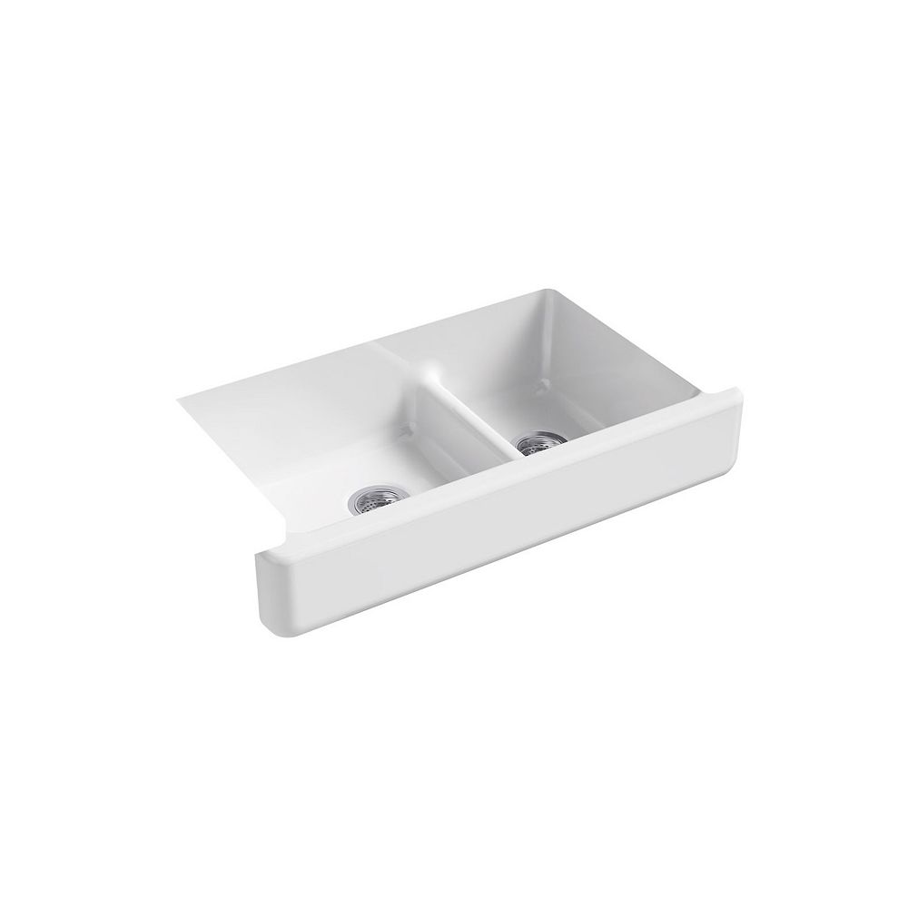 Kohler Whitehaven Undermount Cast Iron 35 5 Inch 0 Hole Double Bowl Kitchen Sink In White The Home Depot Canada