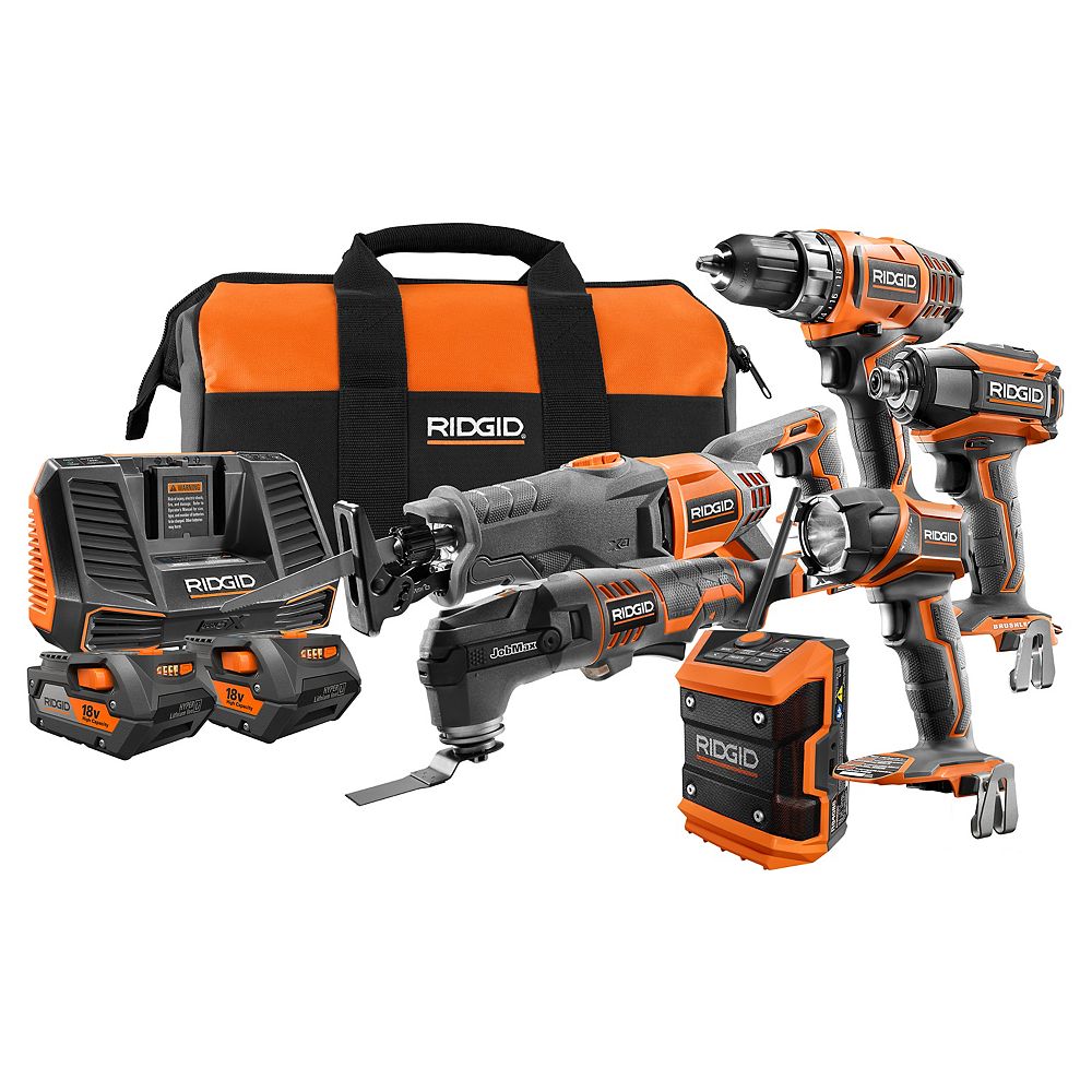 RIDGID Kit combiné sans fil 18 volts (6 outils) avec 2 piles 4.0Ah