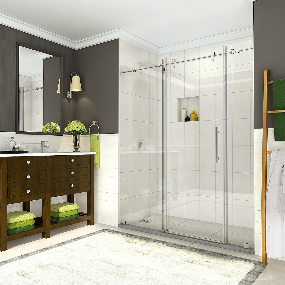 Aston Coraline 68 Inch To 72 Inch X 76 Inch Frameless Sliding Shower Door In Stainless Ste The Home Depot Canada