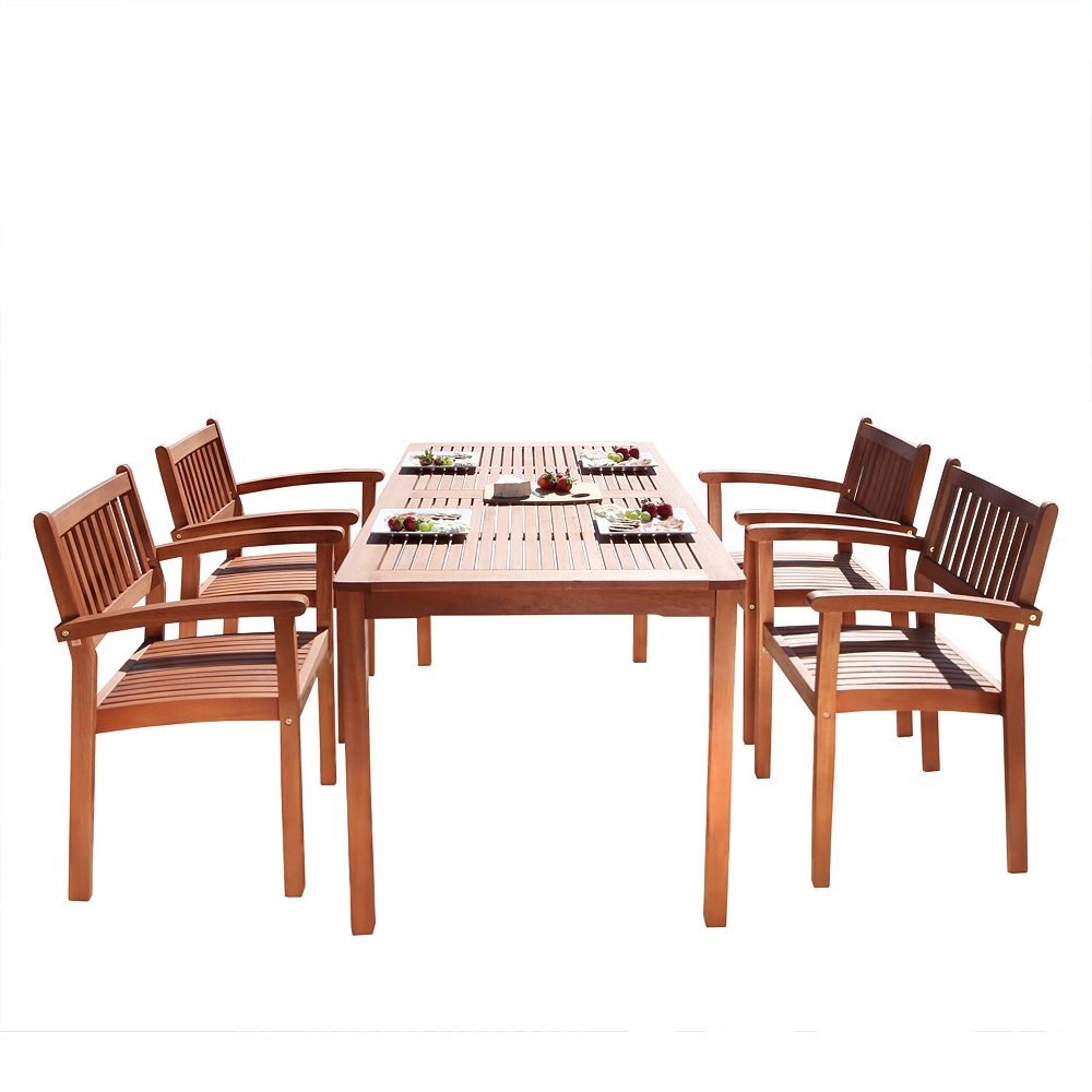 malibu 5piece wooden patio dining set with stacking chairs in natural  finish