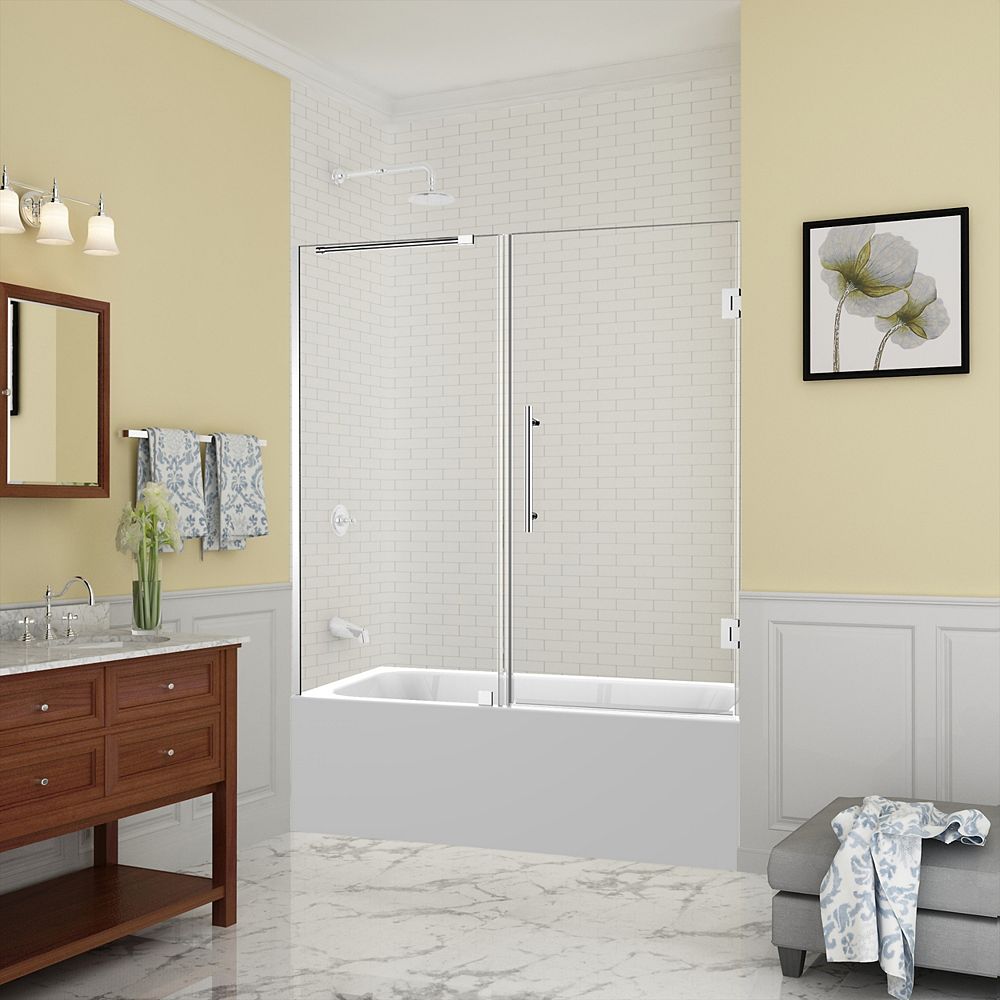 Aston Belmore 59.25 inch to 60.25 inch x 60 inch Frameless Hinged Tub Door in Chrome The Home