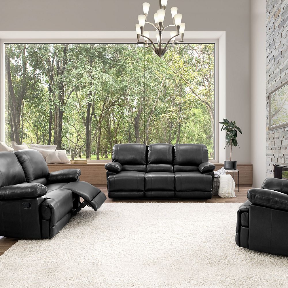 Black Bonded Leather Reclining Sofa Set, 3 Piece Reclining Leather Sofa Set