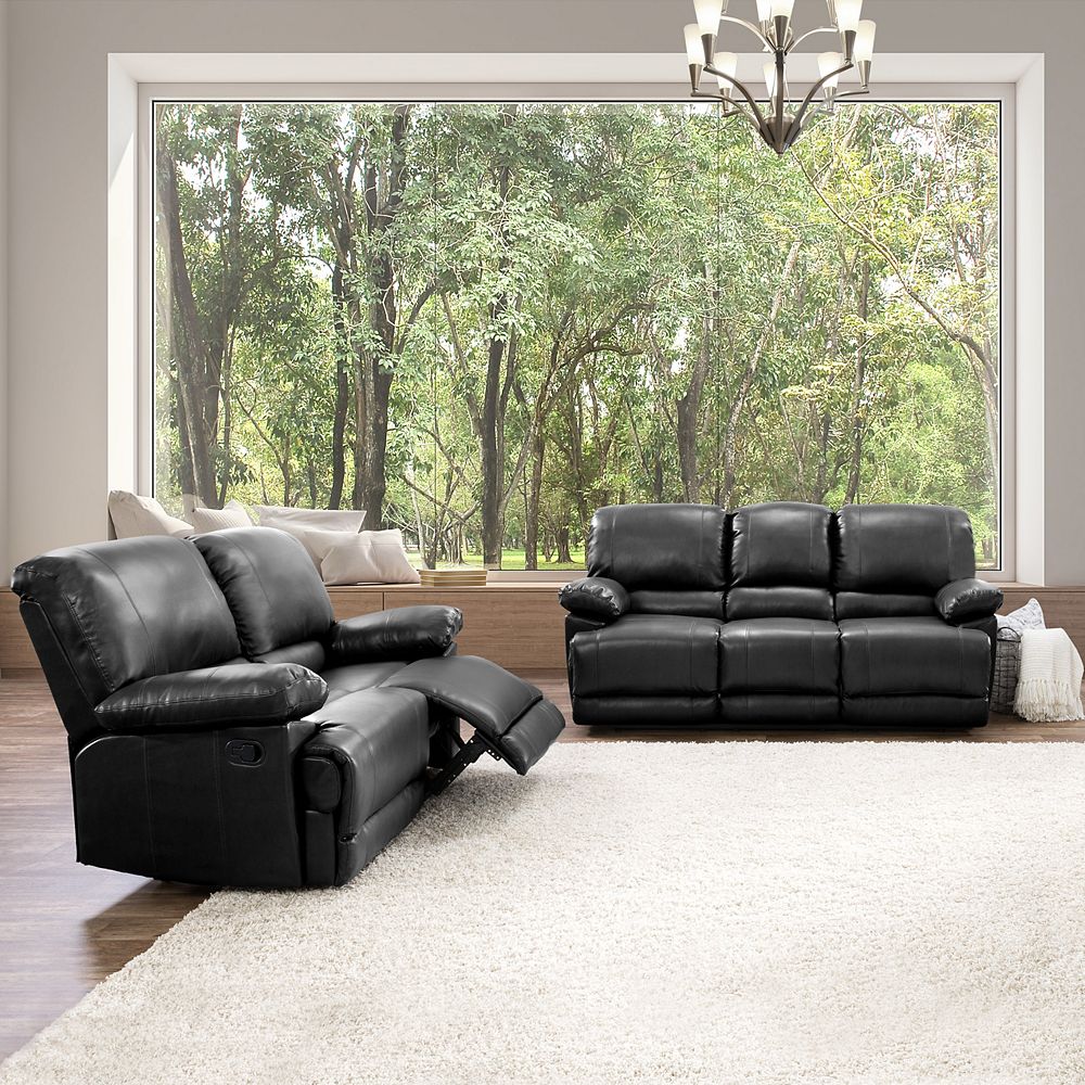 Corliving 2Piece Lea Black Bonded Leather Reclining Sofa Set The
