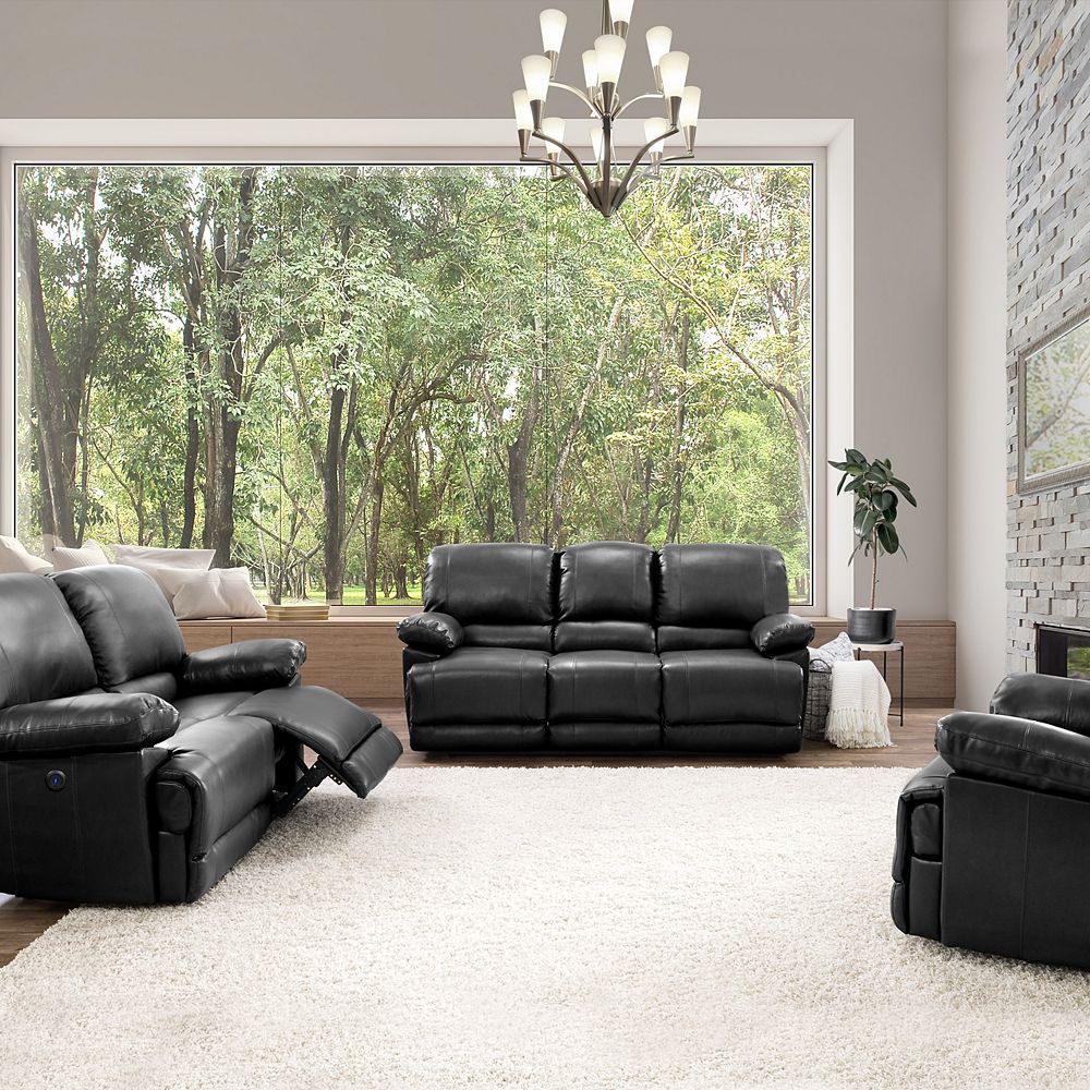 Corliving Lea Black Bonded Leather Power Recliner 3 Piece Sofa And Chair Set The Home Depot Canada