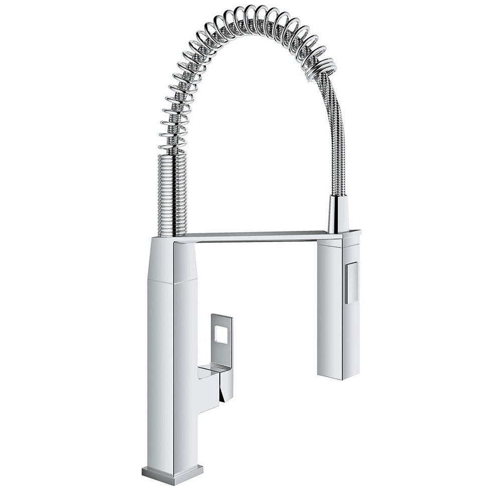 Grohe Eurocube Single Handle Pull Down Sprayer Kitchen Faucet In Starlight Chrome The Home Depot Canada