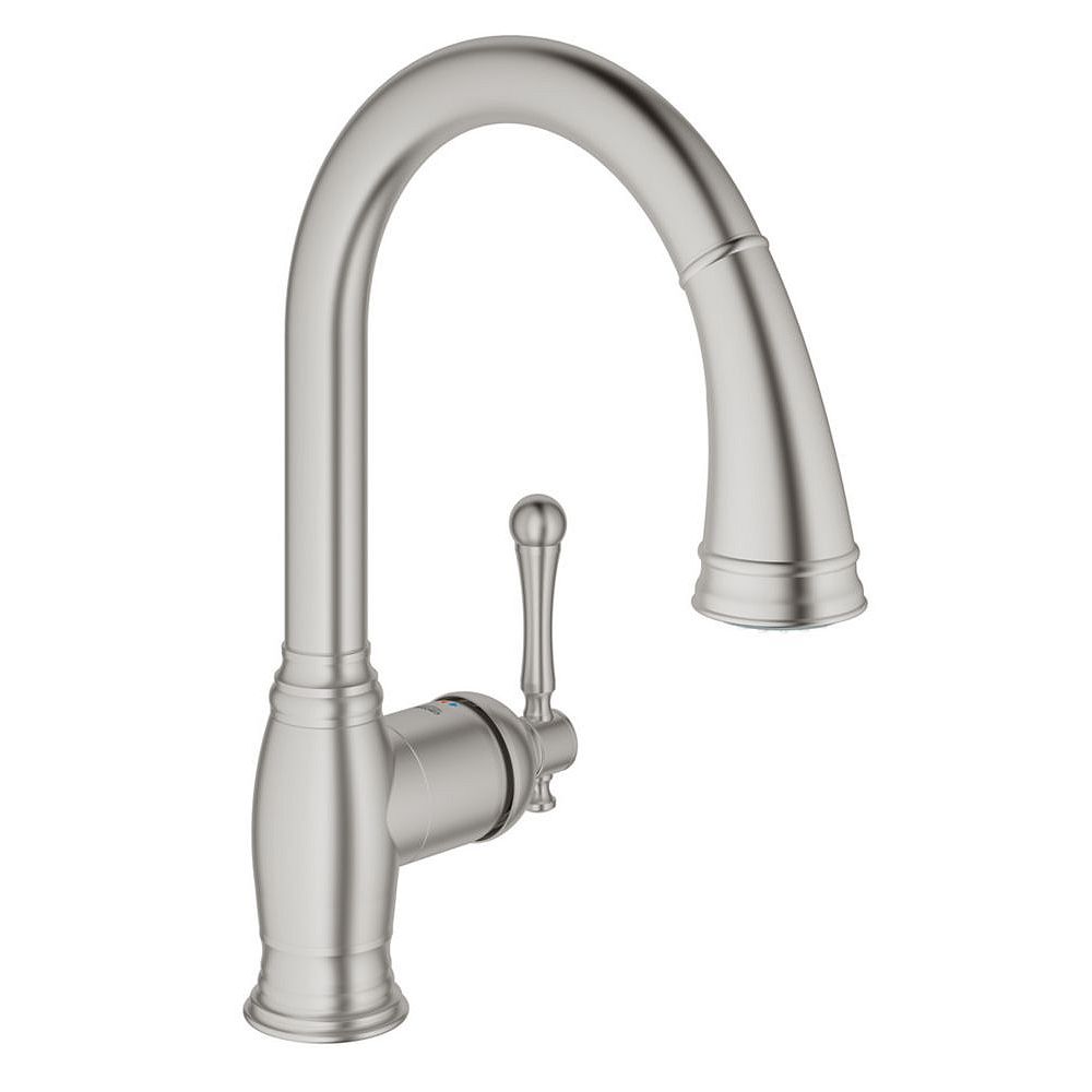 Grohe Bridgeford Single Handle Pull Down Sprayer Kitchen Faucet In Supersteel Infinityfini The Home Depot Canada