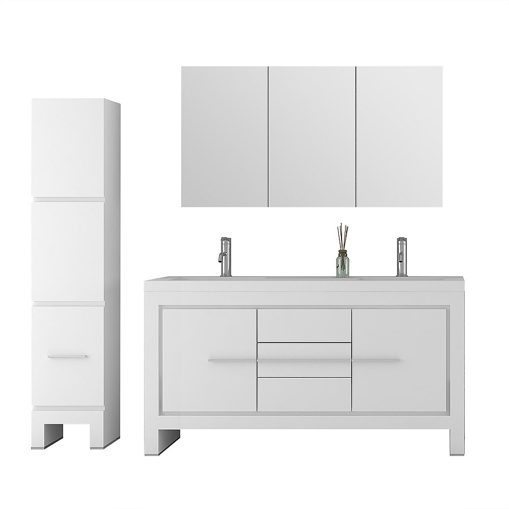 Jade Bath Sloan 60 Inch Double Freestanding 3 Piece Bathroom Vanity Set In White With Mirr The Home Depot Canada