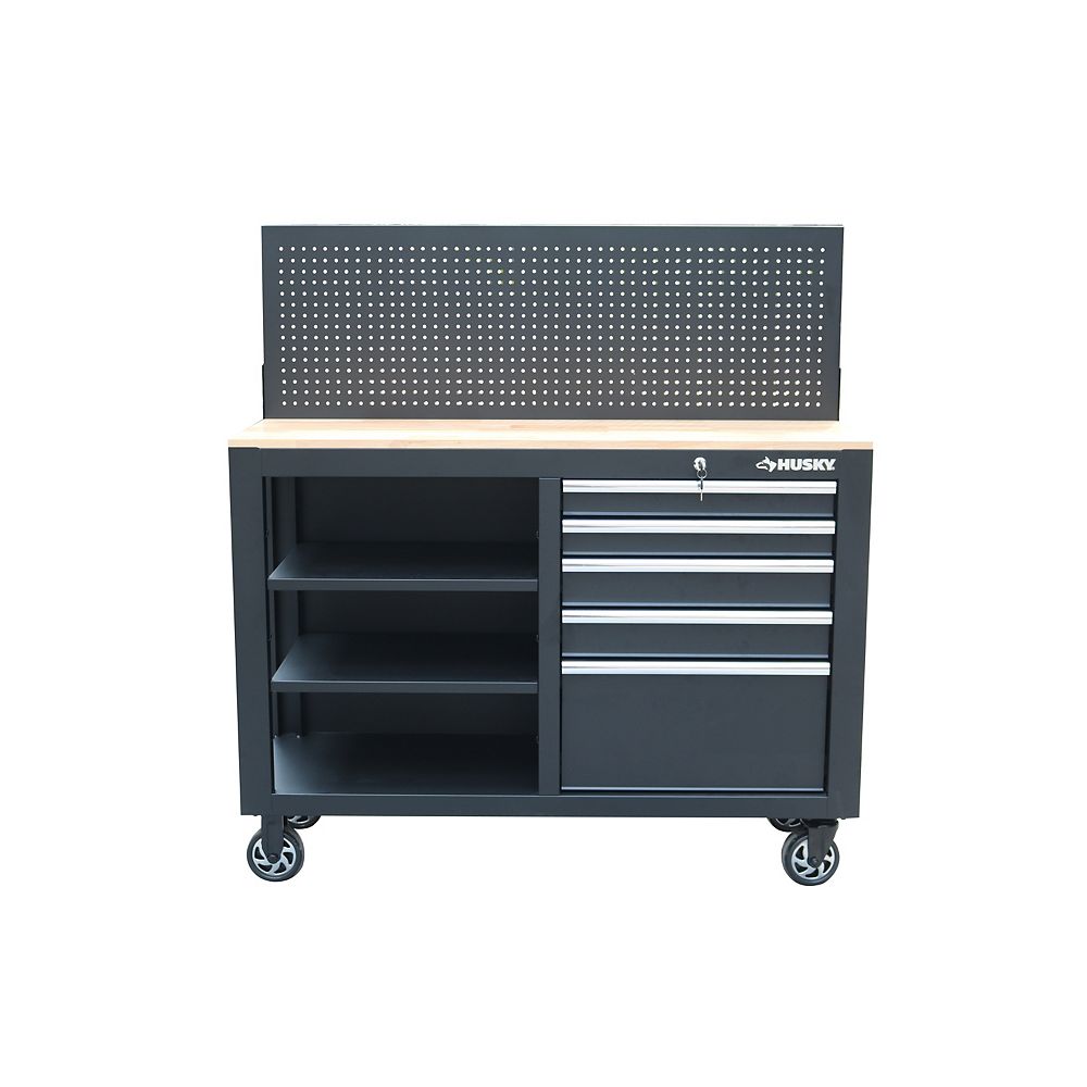 Husky 52inch 5Drawer Mobile Workbench with Wood Top and