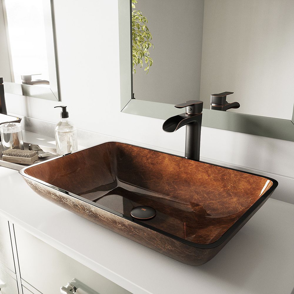 Vigo Glass Rectangular Vessel Bathroom Sink In Chocolate Brown With Niko Faucet And Pop Up The Home Depot Canada
