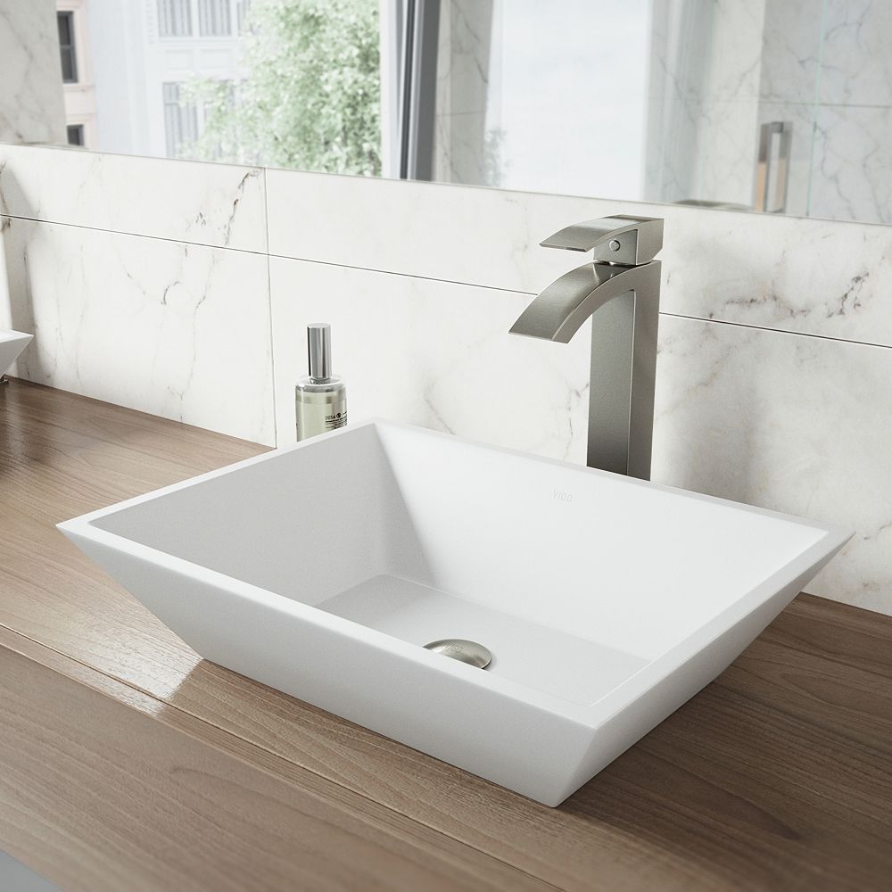 VIGO Vinca Vessel Bathroom Sink in Matte White Stone with Duris Vessel