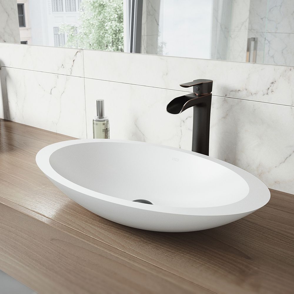 VIGO Matte Stone Wisteria Composite Oval Vessel Bathroom Sink in White