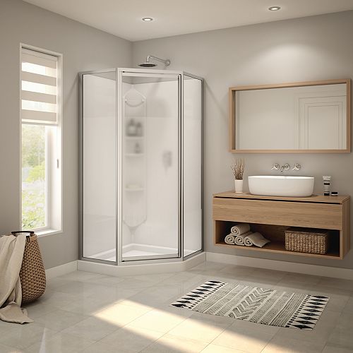 Summit 38L x 38W x 76.5H Neo-Angled Polystyrene Shower Kit Base, Wall & Reversible Shower Door in Chrome