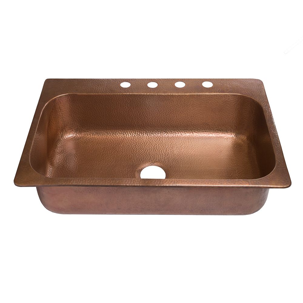 Sinkology Angelico Drop In Handmade Copper 33 Inch 4 Hole Single Bowl Copper Kitchen Sink The Home Depot Canada