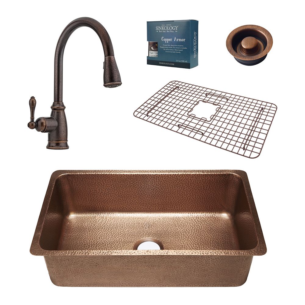 Sinkology David AllInOne 31 1/4inch Undermount Copper Kitchen Sink with Bronze Faucet a