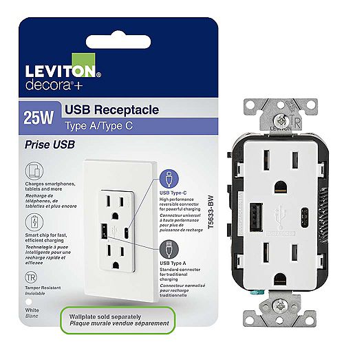 Decora USB Charger Tamper-Resistant 15A Receptacle 5.1A Type A/Type-C (Wallplate not included)