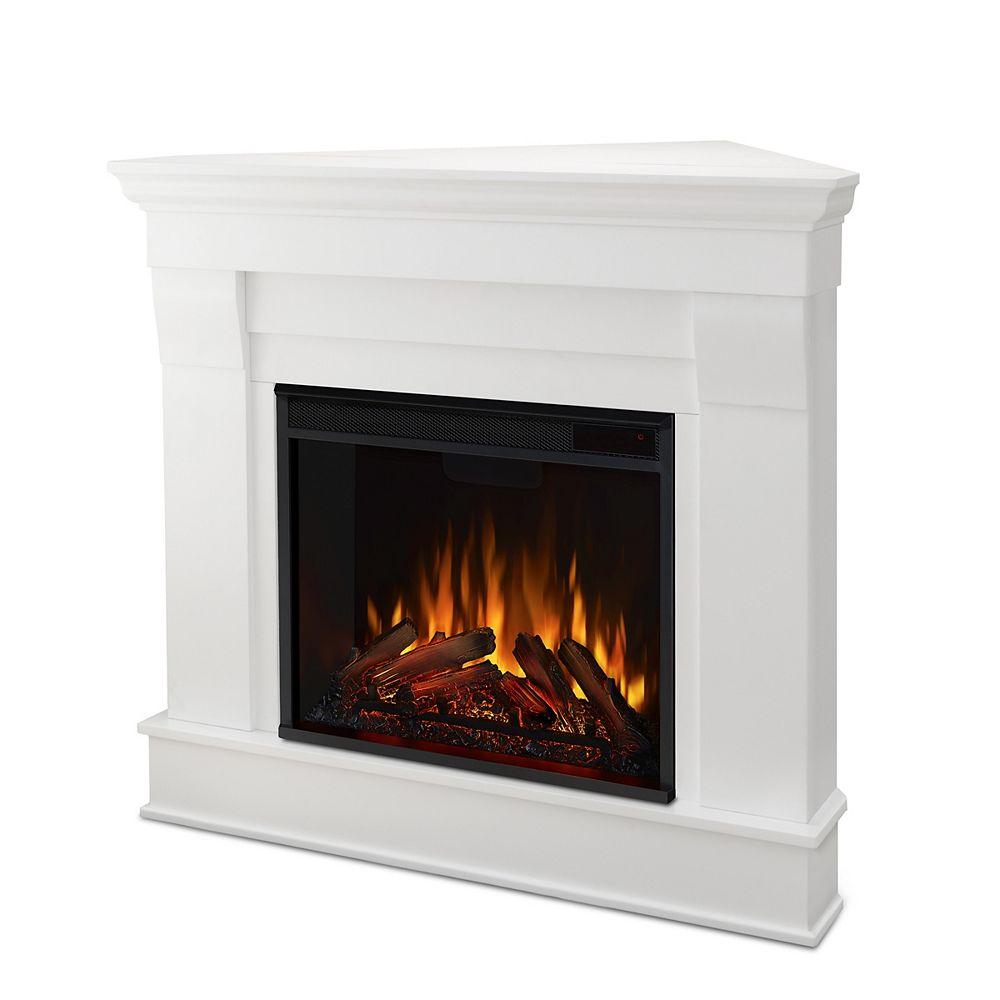 Real Flame Cau Corner Electric, White Electric Fireplace Mantel Package