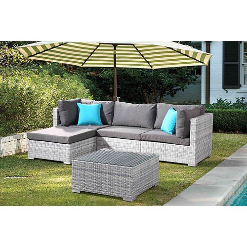 Fresco 5-Piece All-Weather Wicker Sectional Set in Light Grey with Grey Cushions