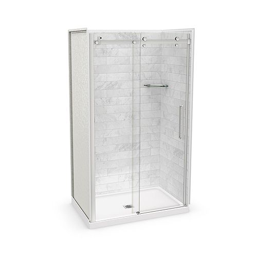 Utile 48-inch x 32-inch x 84-inch Marble Carrara Alcove Shower Kit Center Drain with Door in Chrome