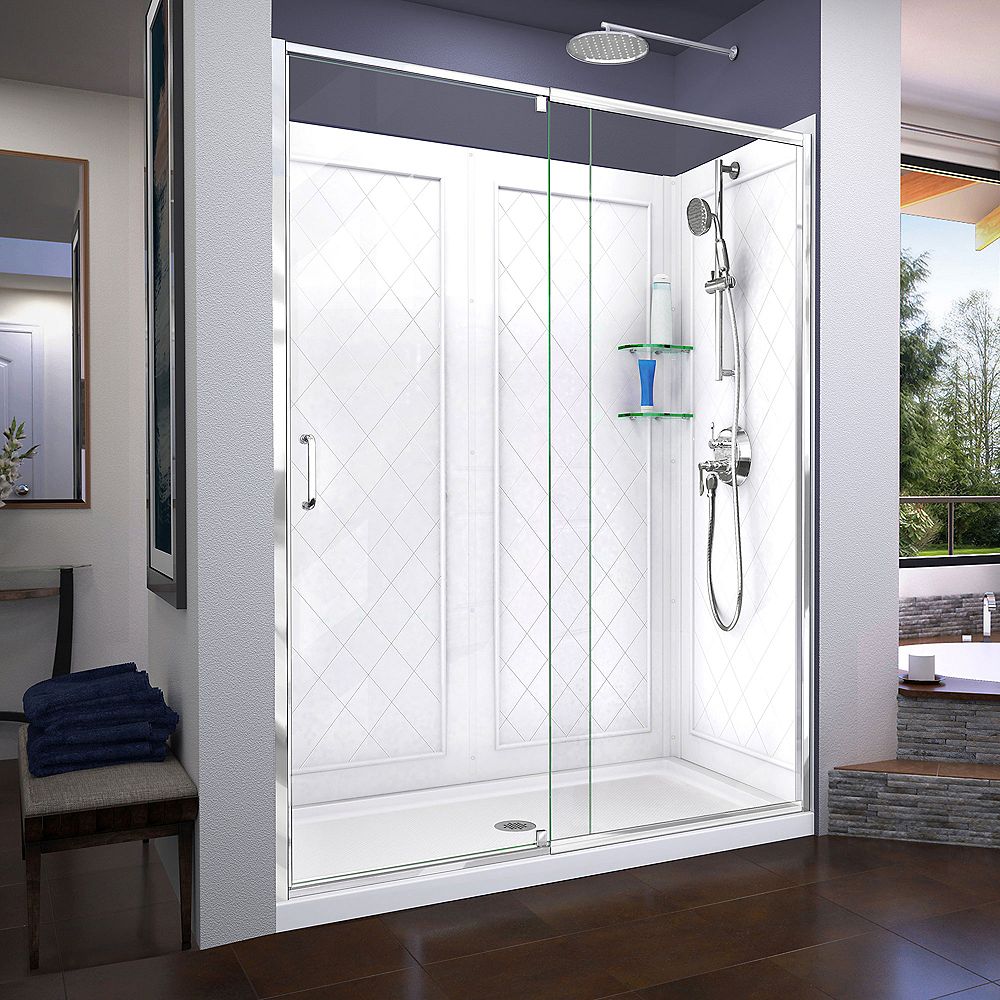 DreamLine Flex 30 inch D x 60 inch W Shower Door in Chrome with Center Drain White Base an 