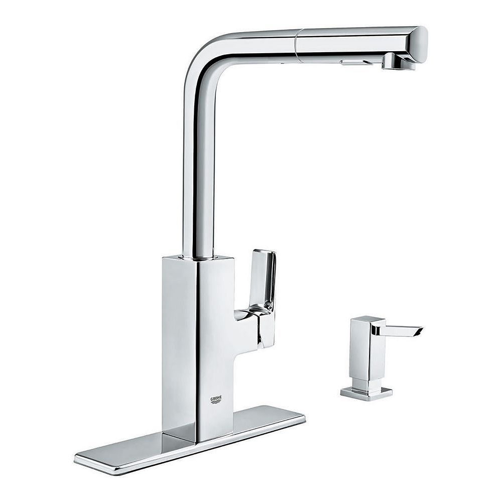 Grohe Tallinn Single Handle Pull Out Sprayer Kitchen Faucet With Soap Dispenser In Starlig The Home Depot Canada