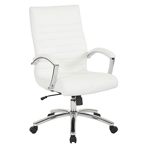 Executive Mid-Back Chair in White Faux Leather with Padded Arms and Chrome Finish Base