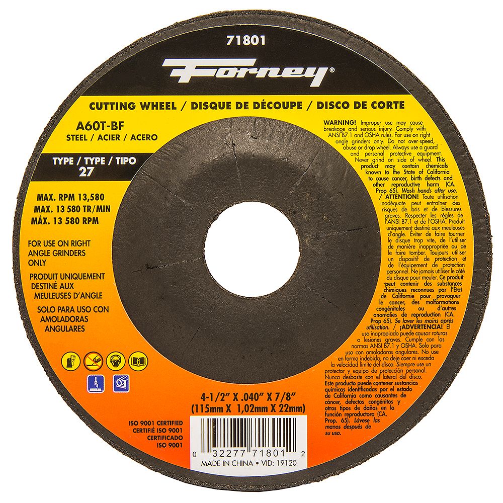 Forney Industries CutOff Wheel, Metal, Type 27, 41/2 inch x .040 inch