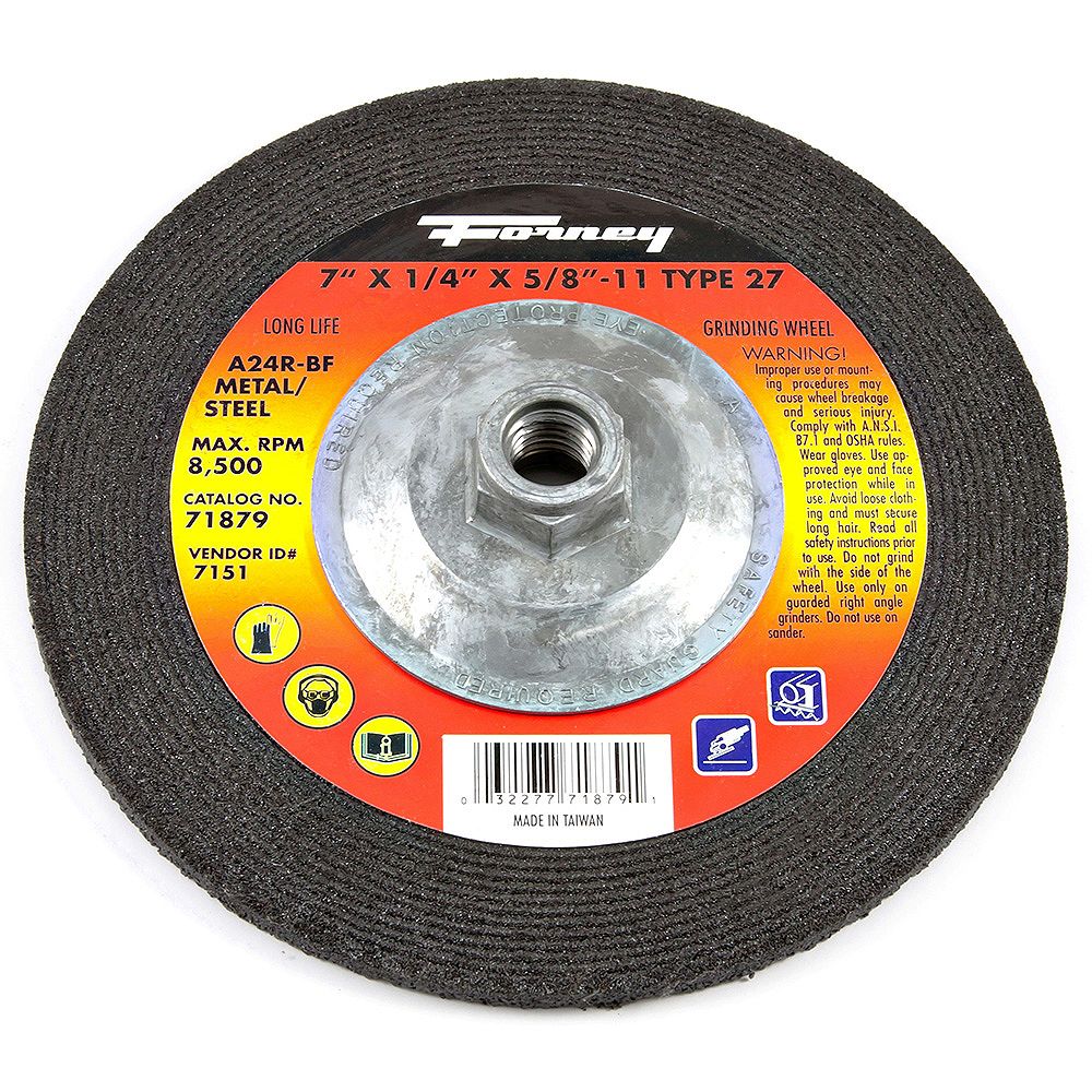 Forney Industries Grinding Wheel, Metal, Type 27, 7 inch x 1/4 inch x 5