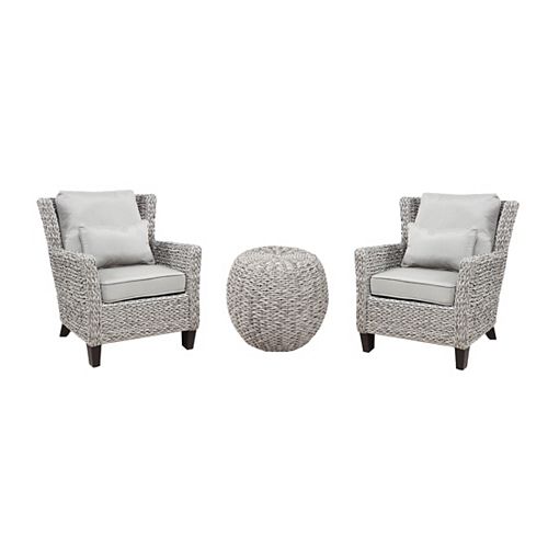 Megan Grey Seagrass 3-Piece All-Weather Wicker Outdoor Patio Chat Set