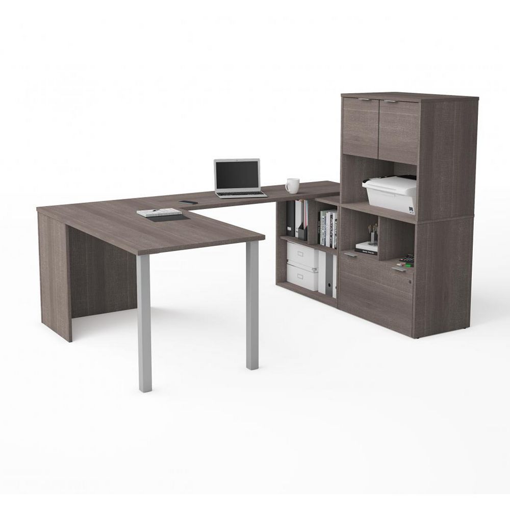 Bestar i3 Plus UDesk with Hutch in Bark Gray The Home Depot Canada
