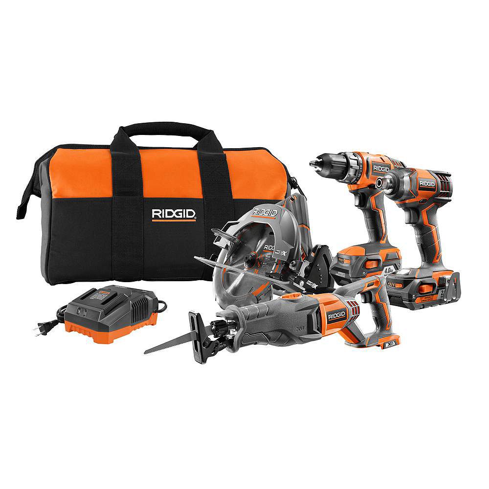 RIDGID 18V 4Tool Combo Kit with Drill, Impact Driver, Recip Saw