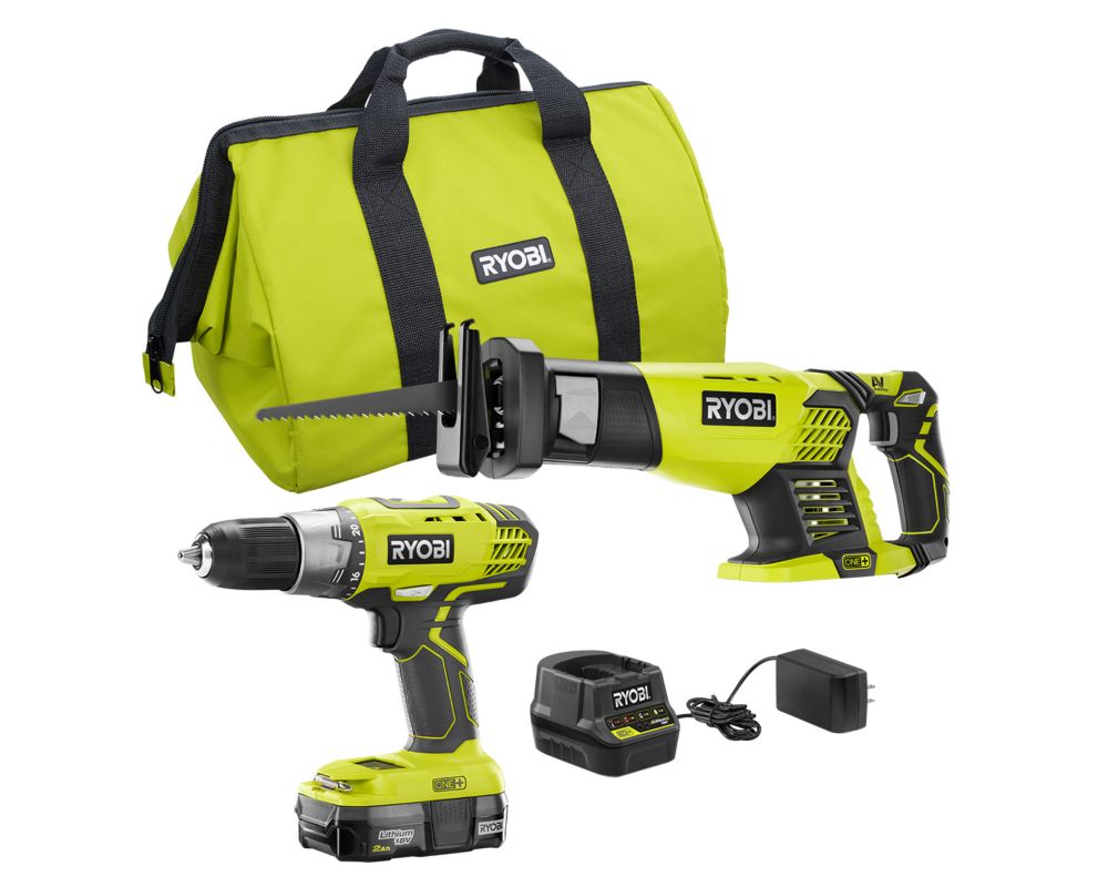 RYOBI 18V ONE Lithium-Ion Cordless Combo Kit (4-Tool) W/ (2) Compact ...