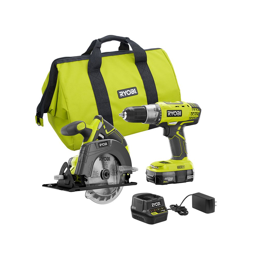 RYOBI 18V ONE+ Drill and Circular Saw Kit with 2.0 Ah Battery and ...