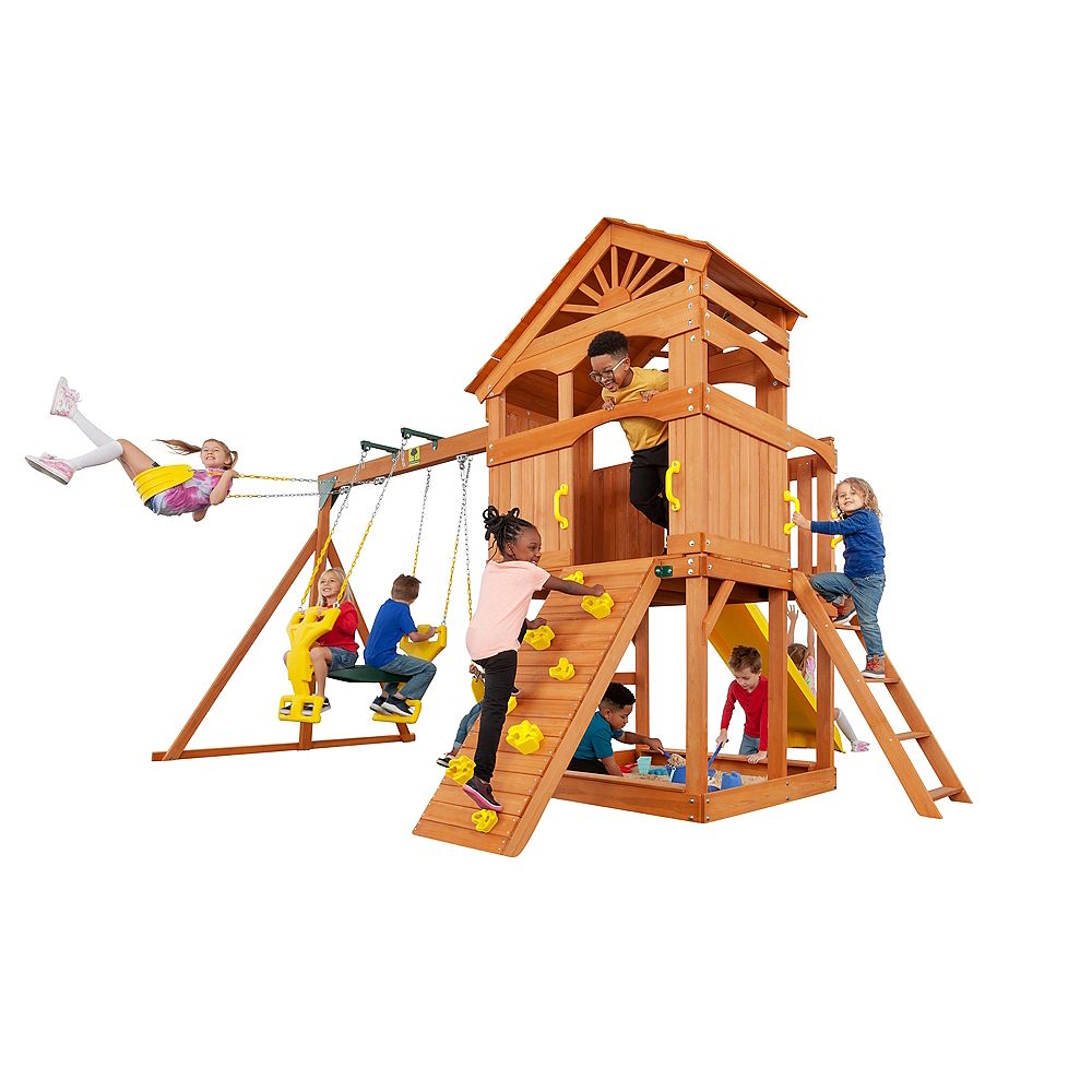 Creative Cedar Designs Timber Valley Wooden Playset With Yellow Accessories The Home Depot Canada