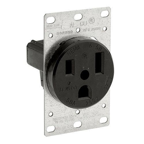 50 Amp, 250 Volt  Flush Mounting Receptacle, Straight Blade, Grounding, Side Wired - Black