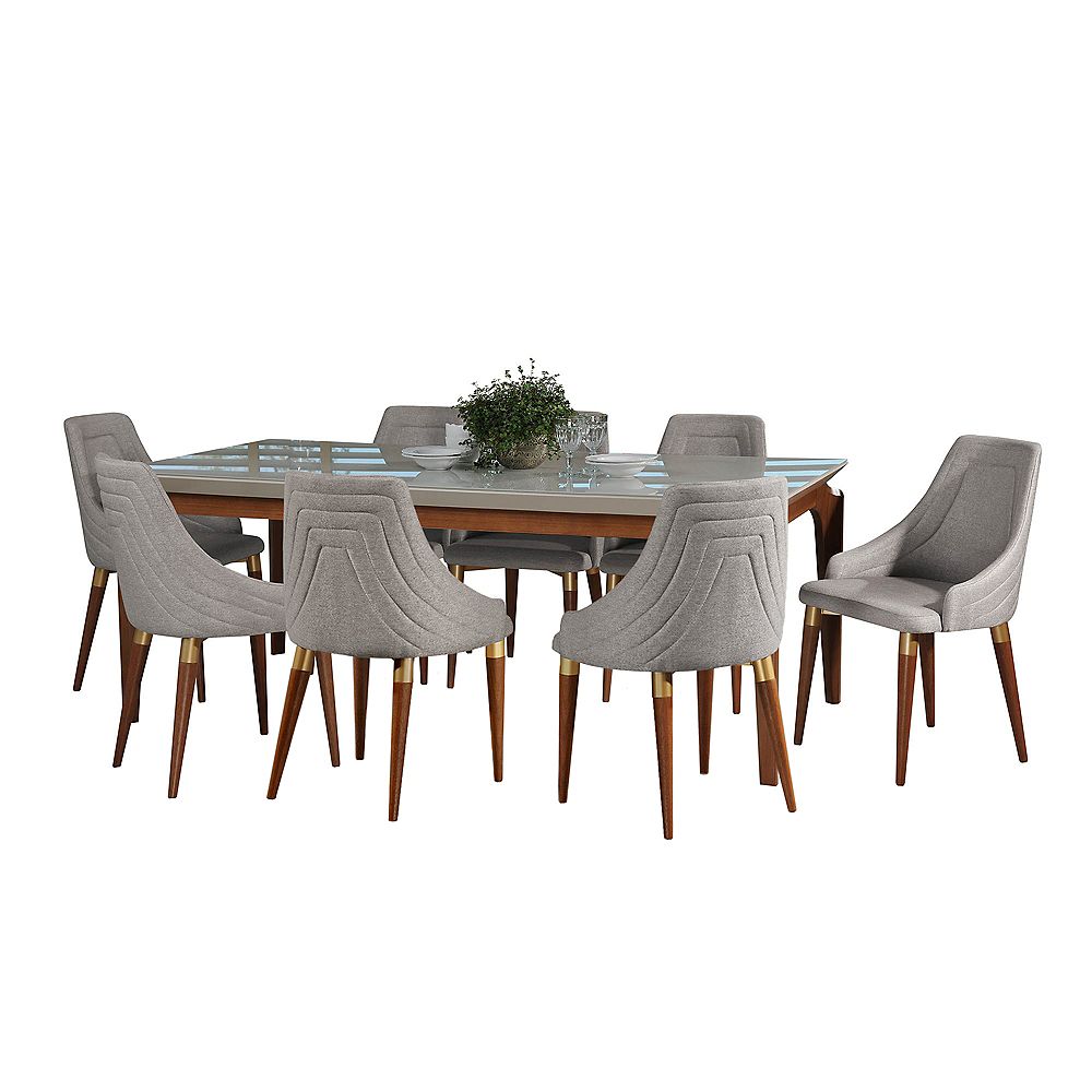 Manhattan Comfort Payson 82.67"" and Utopia 2.0 9Piece Dining Set in White Gloss and Grey The