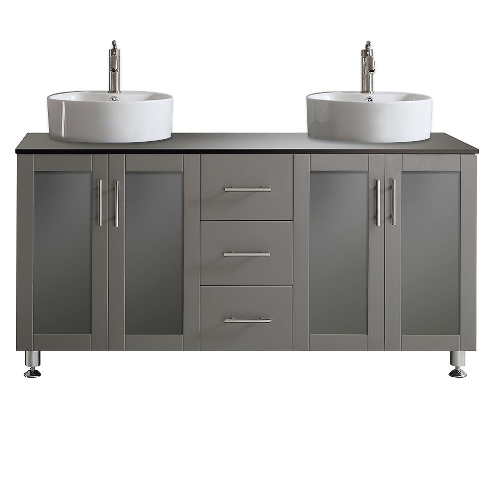 Vinnova Tuscany 60 inch Double Vanity in Grey with White Vessel Sink with Glass Countertop Vinnova Tuscany 60 inch Double Vanity in Grey with White Vessel Sink with Glass Countertop