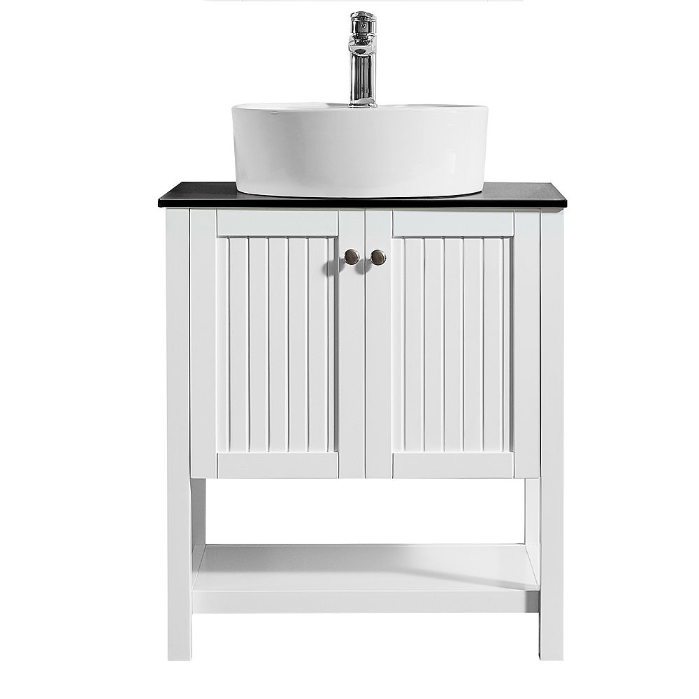 Vinnova Modena 28 Inch Vanity In White With Glass Countertop With