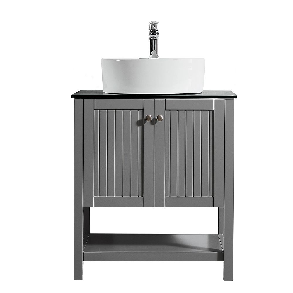 Vinnova Modena 28 Inch Vanity In Grey With Glass Countertop With White Vessel Sink Without The Home Depot Canada