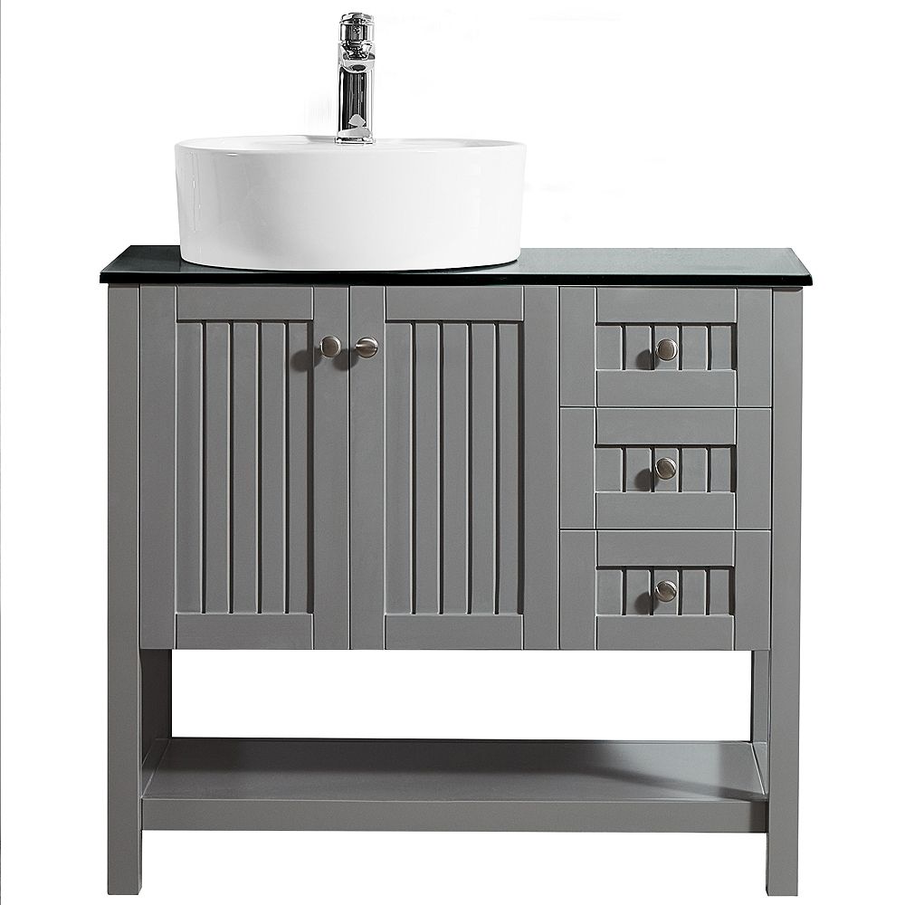 Vinnova Modena 36 Inch Vanity In Grey With Glass Countertop With