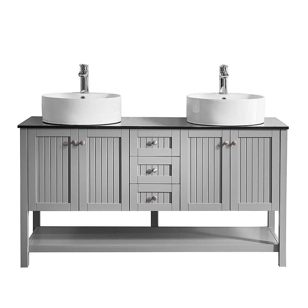 Vinnova Modena 60 Inch Double Vanity In Grey With Glass Countertop With White Vessel Sink The Home Depot Canada