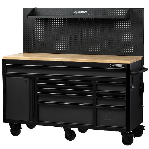 Heavy-Duty 61-inch W x 23-inch D 10-Drawer 1-Door Tool Storage Chest Mobile Workbench with Flip-up Pegboard in Matte Black