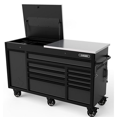 Heavy-Duty 63-inch W x 23-inch D 11-Drawer Tool Storage Chest Mobile Workbench with Flip-Top Stainless Steel Top in Matte Black