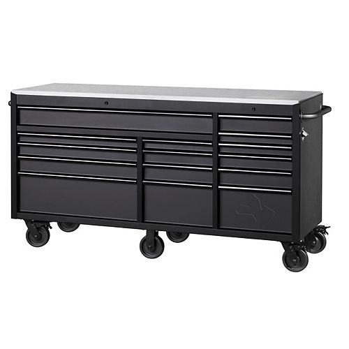 Heavy-Duty 72-inch W x 24-inch D 15-Drawer Tool Storage Chest Mobile Workbench w/ Stainless Steel Top and Dual Locks, Matte Black