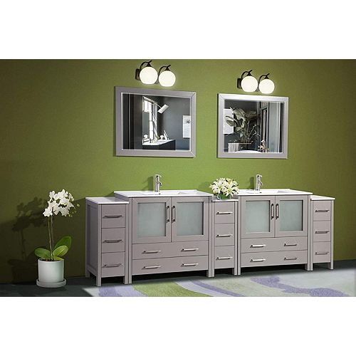 Vanity Art Brescia 108 inch Bathroom Vanity in Grey with Double Basin Vanity Top in White Ceramic and Mirror