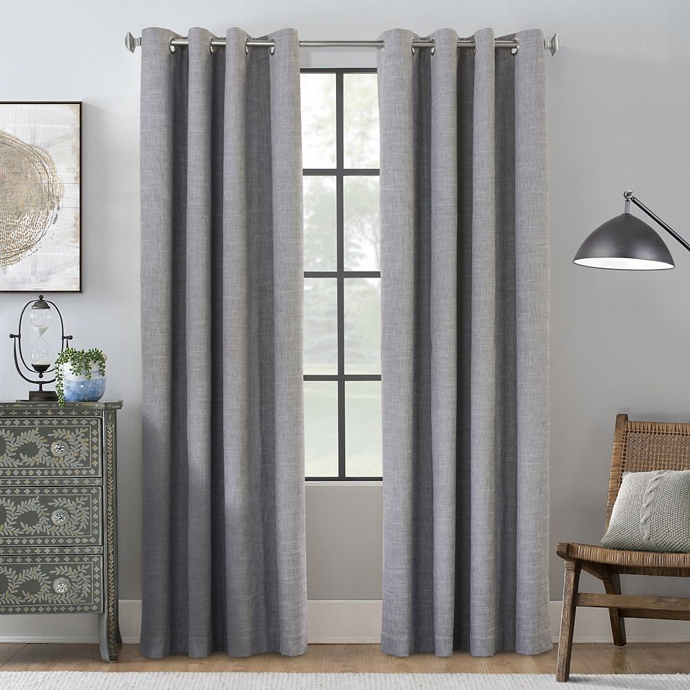 Thermaplus Maya Textured Slub Total Blackout Grommet Curtain 52 In X 84 In Grey The Home Depot Canada