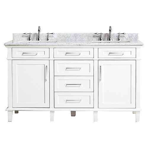 Sonoma 60-inch W x 22-inch D Double Bath Vanity in White with Carrara Marble Top with White Sinks