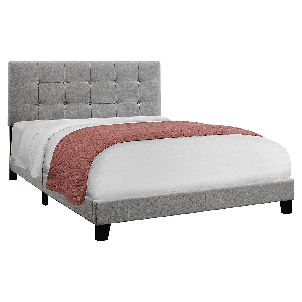 Monarch Specialties Bed Queen Size, Grey Linen Headboard